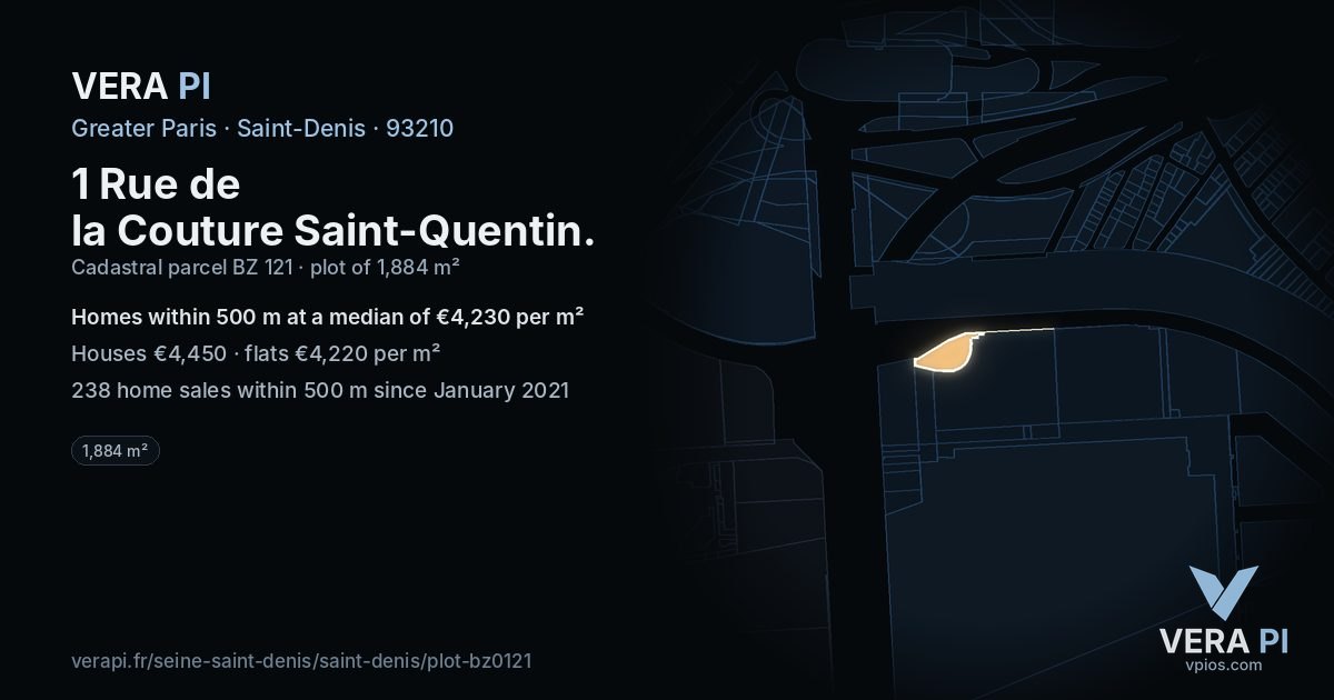 1 Rue de la Couture Saint-Quentin, Saint-Denis at night – the plot lit, the parcels around coloured by the prices near them