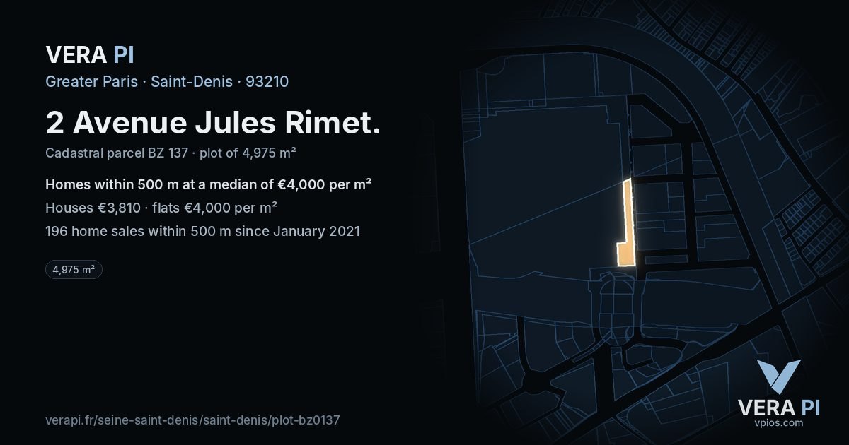2 Avenue Jules Rimet, Saint-Denis at night – the plot lit, the parcels around coloured by the prices near them