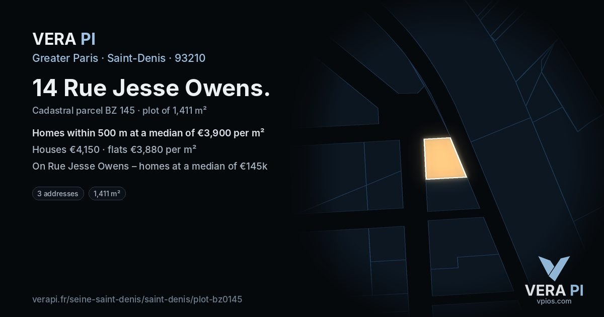 14 Rue Jesse Owens, Saint-Denis at night – the plot lit, the parcels around coloured by the prices near them