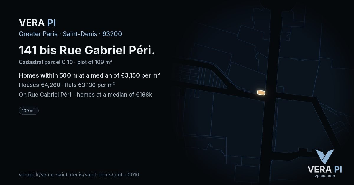 141 bis Rue Gabriel Péri, Saint-Denis at night – the plot lit, the parcels around coloured by the prices near them
