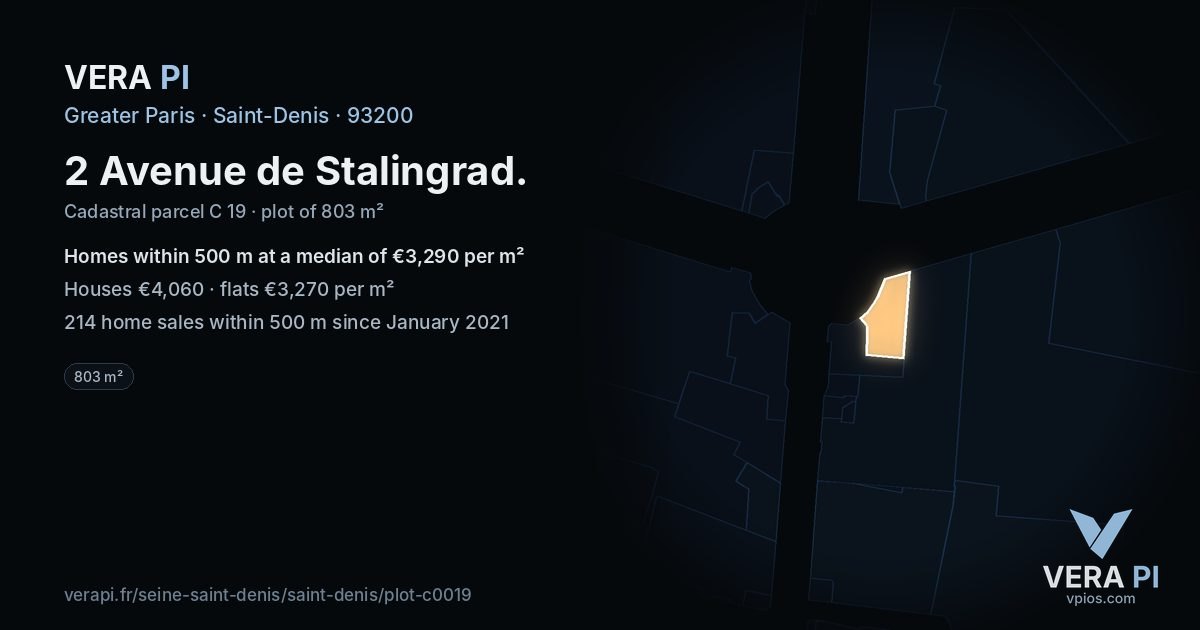2 Avenue de Stalingrad, Saint-Denis at night – the plot lit, the parcels around coloured by the prices near them