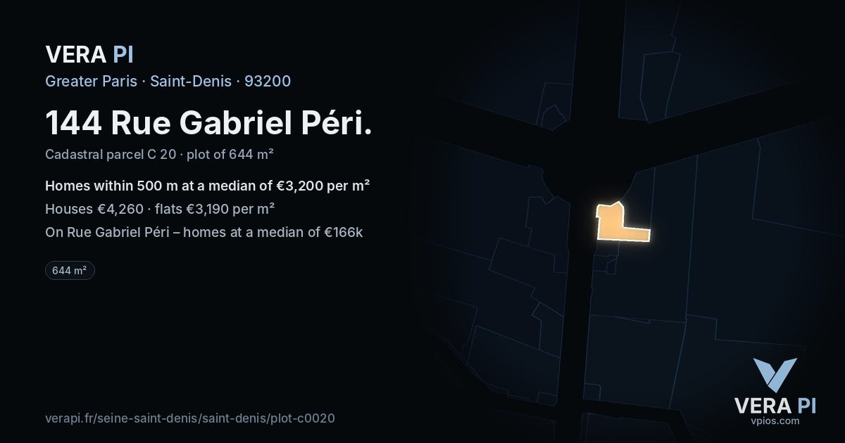 144 Rue Gabriel Péri, Saint-Denis at night – the plot lit, the parcels around coloured by the prices near them