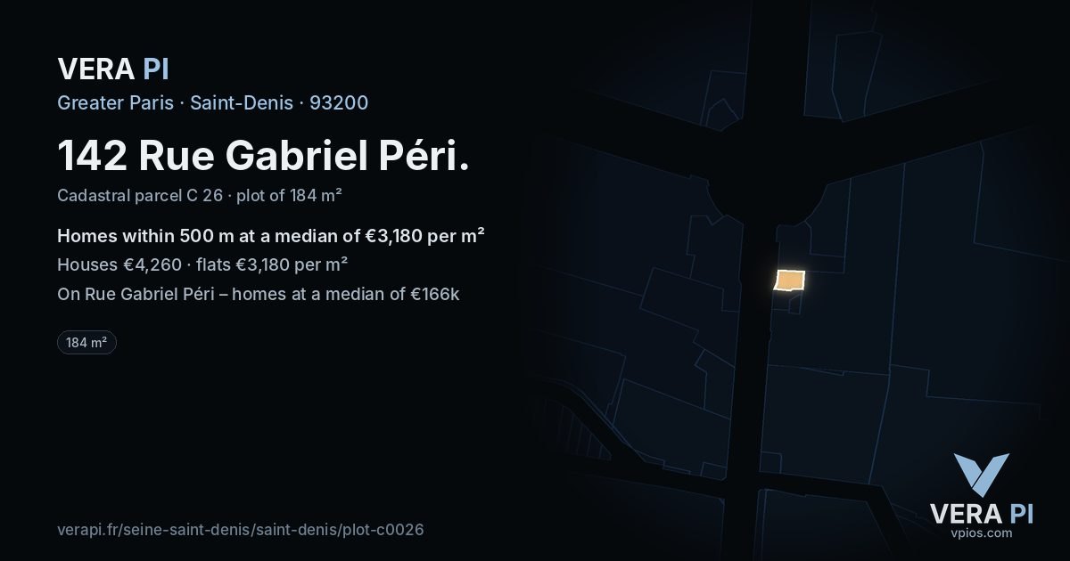 142 Rue Gabriel Péri, Saint-Denis at night – the plot lit, the parcels around coloured by the prices near them
