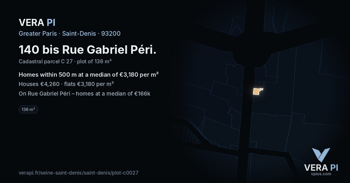 140 bis Rue Gabriel Péri, Saint-Denis at night – the plot lit, the parcels around coloured by the prices near them