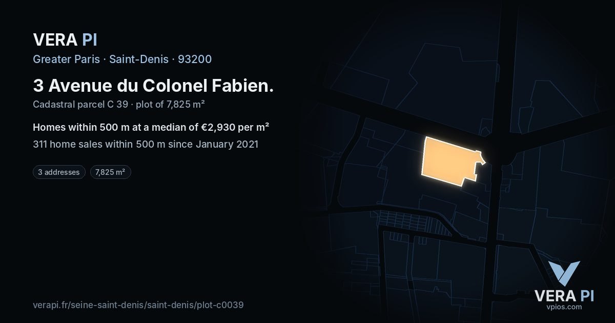 3 Avenue du Colonel Fabien, Saint-Denis at night – the plot lit, the parcels around coloured by the prices near them