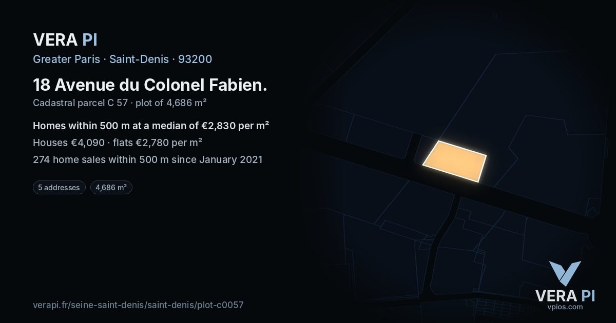 18 Avenue du Colonel Fabien, Saint-Denis at night – the plot lit, the parcels around coloured by the prices near them