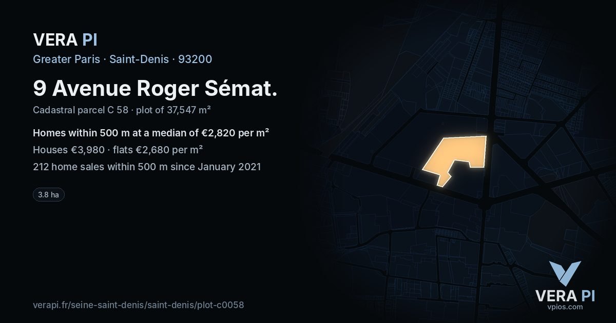 9 Avenue Roger Sémat, Saint-Denis at night – the plot lit, the parcels around coloured by the prices near them