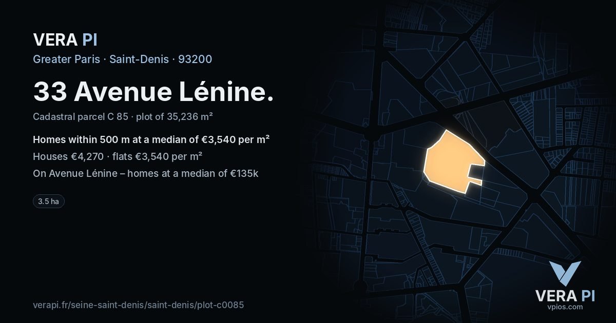 33 Avenue Lénine, Saint-Denis at night – the plot lit, the parcels around coloured by the prices near them