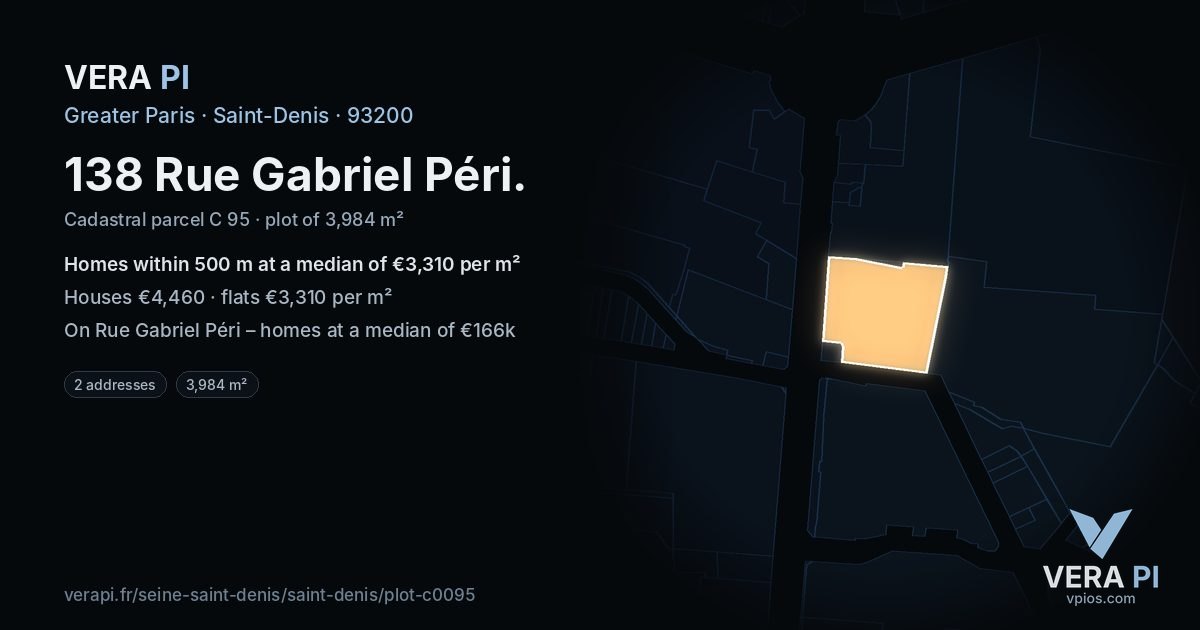 138 Rue Gabriel Péri, Saint-Denis at night – the plot lit, the parcels around coloured by the prices near them