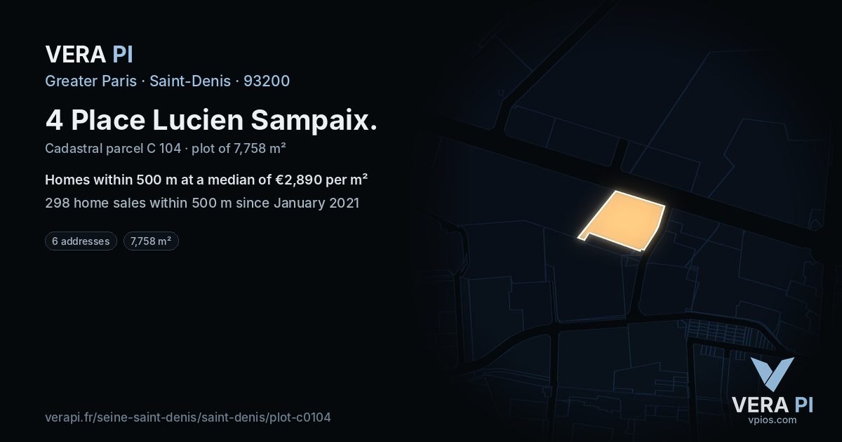 4 Place Lucien Sampaix, Saint-Denis at night – the plot lit, the parcels around coloured by the prices near them