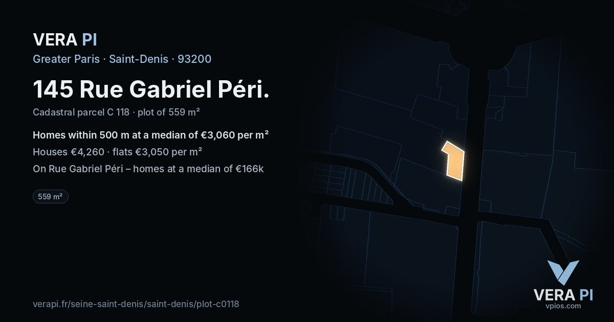 145 Rue Gabriel Péri, Saint-Denis at night – the plot lit, the parcels around coloured by the prices near them