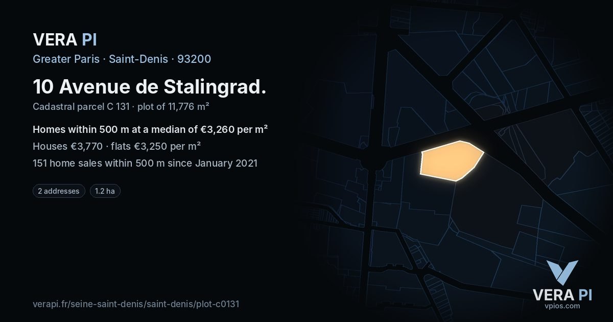 10 Avenue de Stalingrad, Saint-Denis at night – the plot lit, the parcels around coloured by the prices near them