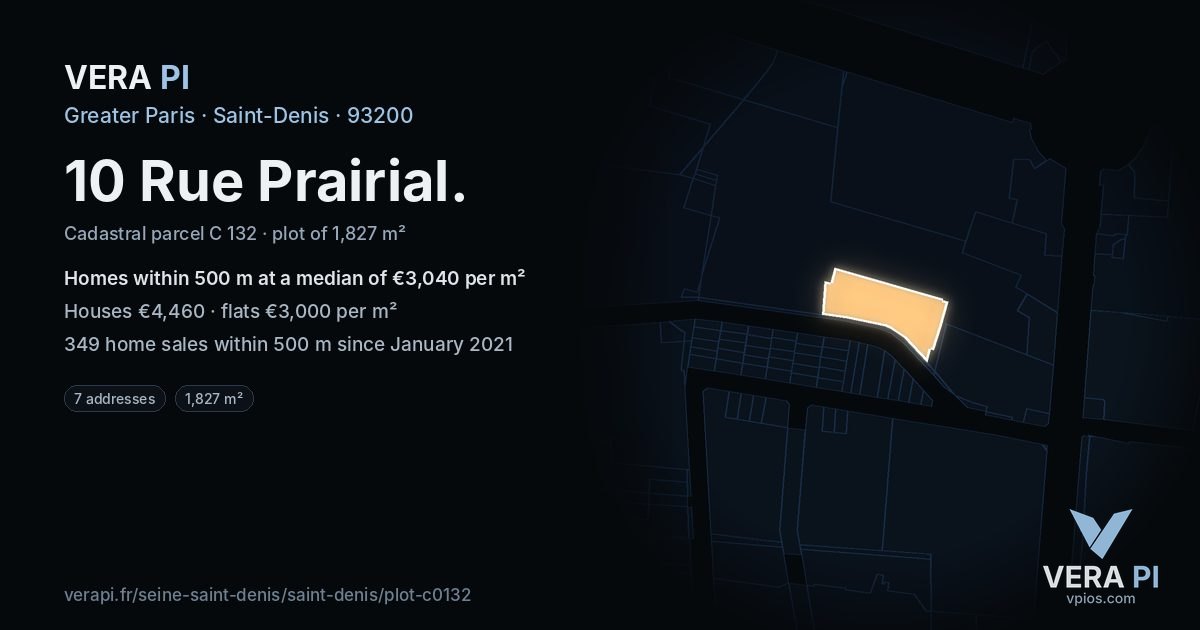 10 Rue Prairial, Saint-Denis at night – the plot lit, the parcels around coloured by the prices near them