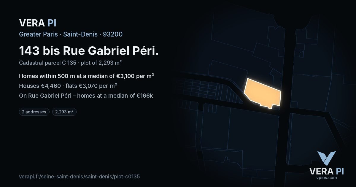 143 bis Rue Gabriel Péri, Saint-Denis at night – the plot lit, the parcels around coloured by the prices near them
