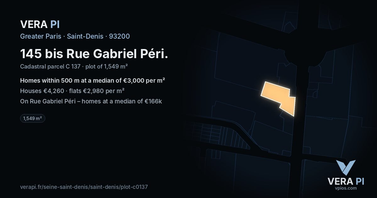 145 bis Rue Gabriel Péri, Saint-Denis at night – the plot lit, the parcels around coloured by the prices near them
