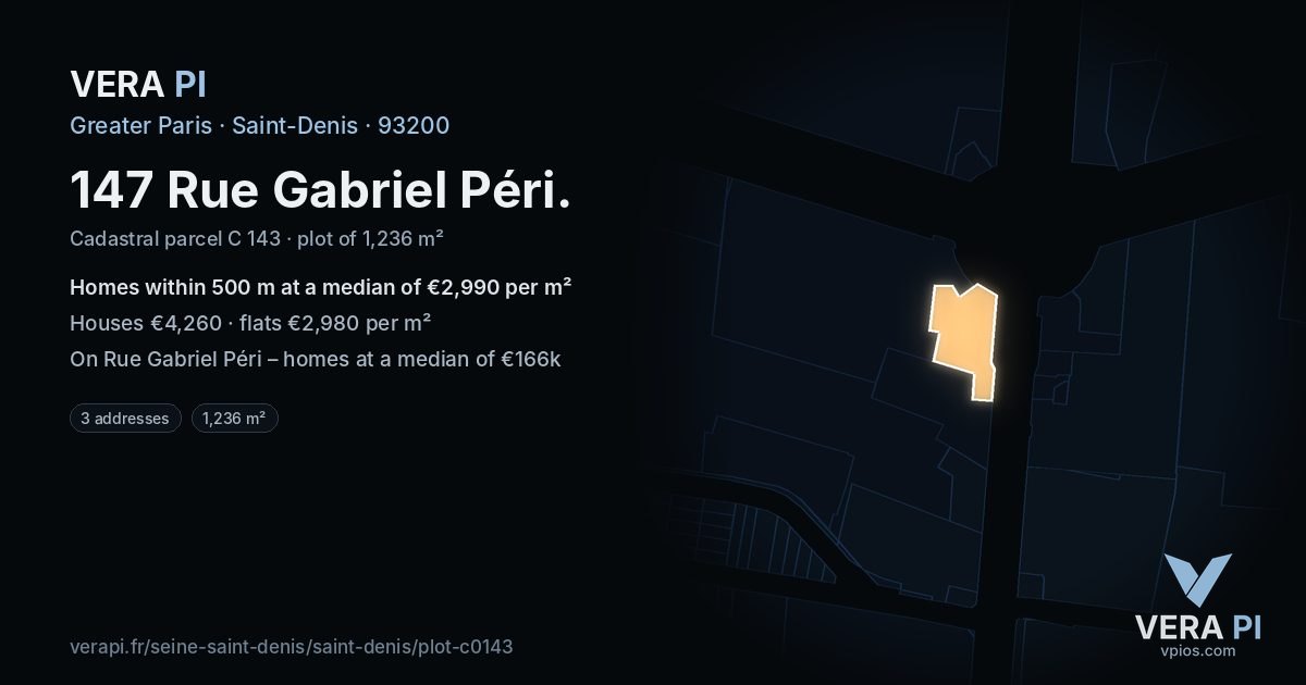 147 Rue Gabriel Péri, Saint-Denis at night – the plot lit, the parcels around coloured by the prices near them