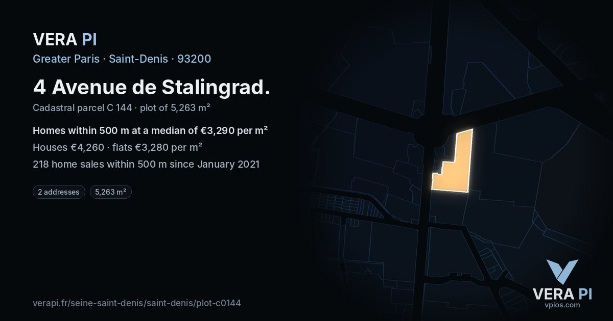 4 Avenue de Stalingrad, Saint-Denis at night – the plot lit, the parcels around coloured by the prices near them