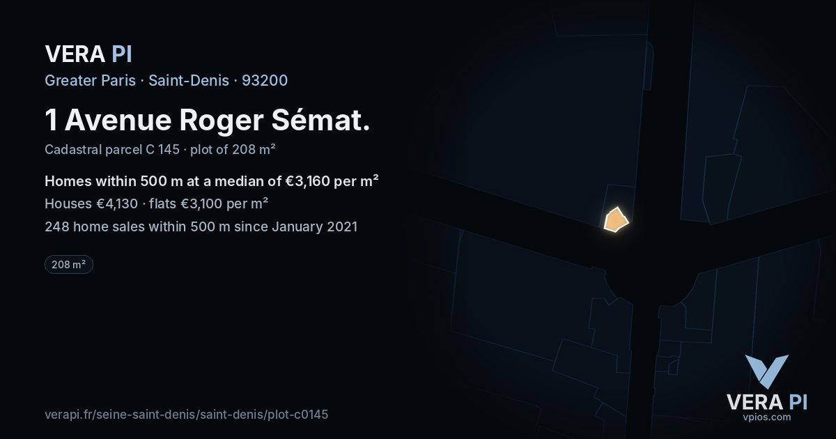 1 Avenue Roger Sémat, Saint-Denis at night – the plot lit, the parcels around coloured by the prices near them
