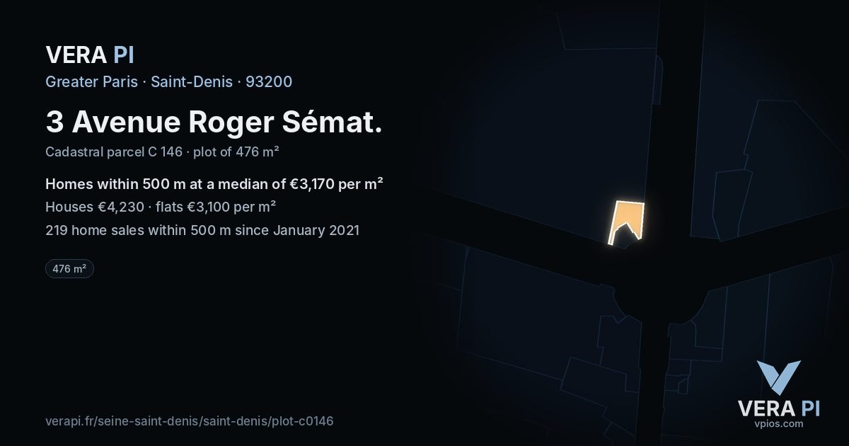 3 Avenue Roger Sémat, Saint-Denis at night – the plot lit, the parcels around coloured by the prices near them