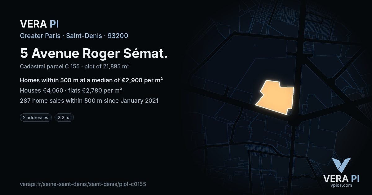 5 Avenue Roger Sémat, Saint-Denis at night – the plot lit, the parcels around coloured by the prices near them