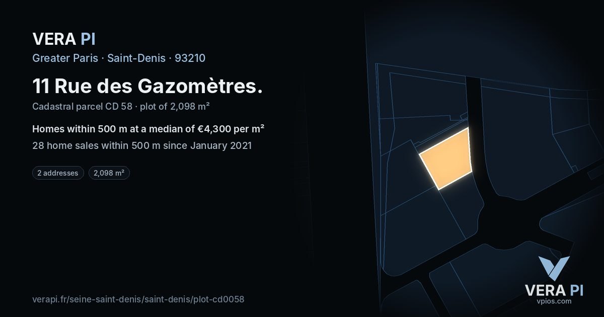 11 Rue des Gazomètres, Saint-Denis at night – the plot lit, the parcels around coloured by the prices near them