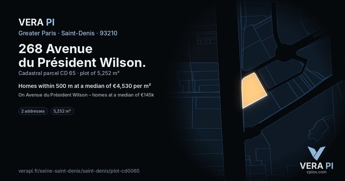 268 Avenue du Président Wilson, Saint-Denis at night – the plot lit, the parcels around coloured by the prices near them