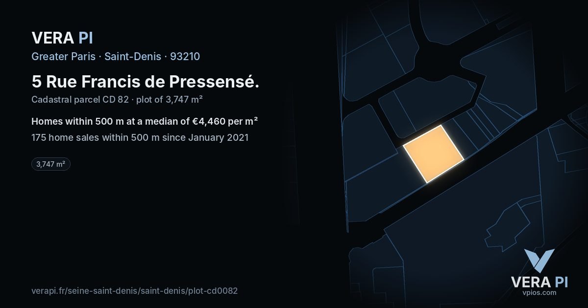 5 Rue Francis de Pressensé, Saint-Denis at night – the plot lit, the parcels around coloured by the prices near them