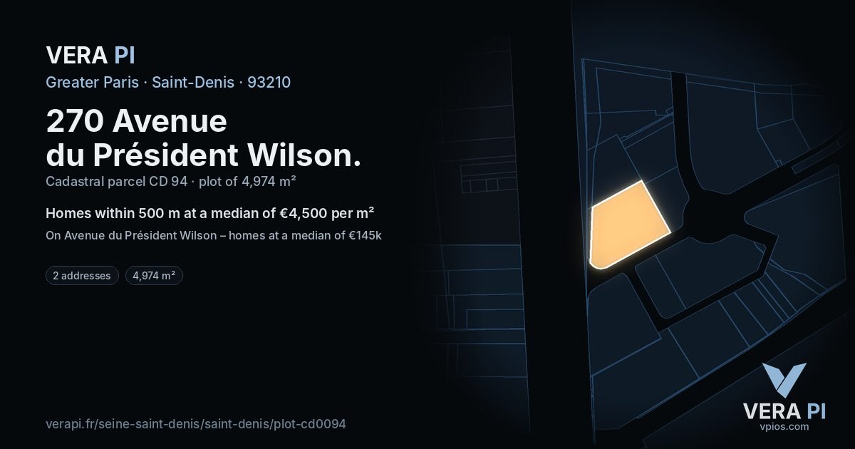 270 Avenue du Président Wilson, Saint-Denis at night – the plot lit, the parcels around coloured by the prices near them