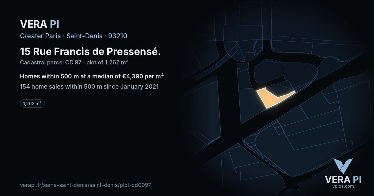 15 Rue Francis de Pressensé, Saint-Denis at night – the plot lit, the parcels around coloured by the prices near them