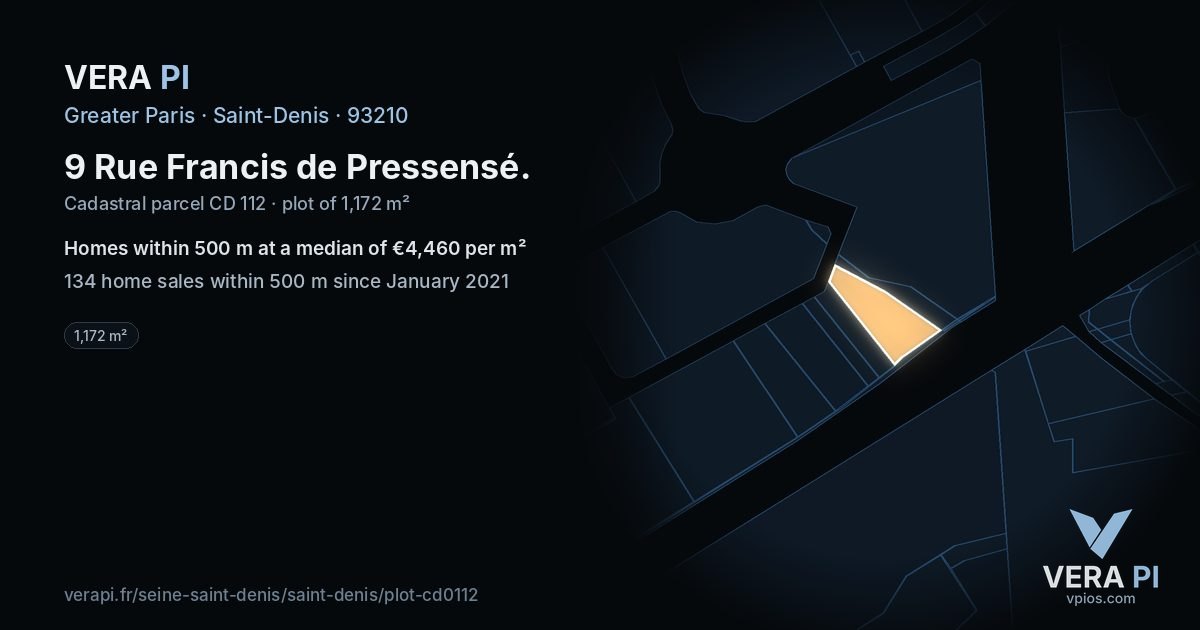 9 Rue Francis de Pressensé, Saint-Denis at night – the plot lit, the parcels around coloured by the prices near them