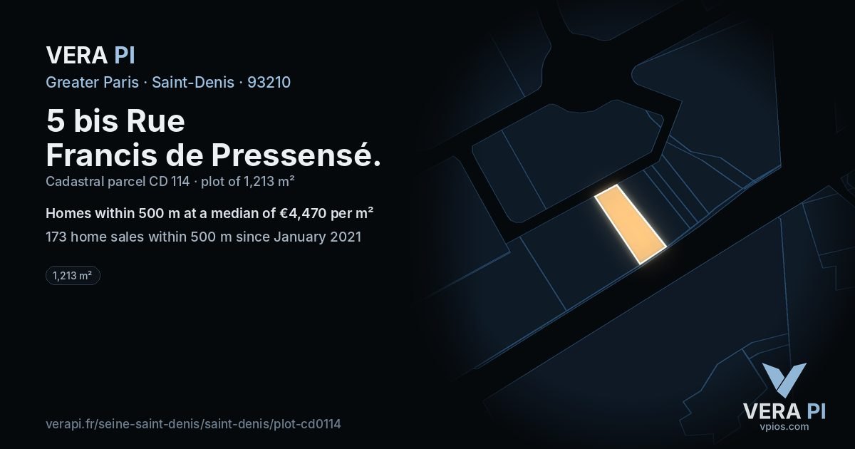 5 bis Rue Francis de Pressensé, Saint-Denis at night – the plot lit, the parcels around coloured by the prices near them