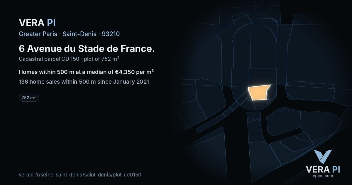 6 Avenue du Stade de France, Saint-Denis at night – the plot lit, the parcels around coloured by the prices near them