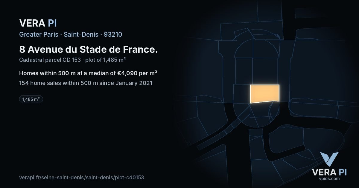 8 Avenue du Stade de France, Saint-Denis at night – the plot lit, the parcels around coloured by the prices near them