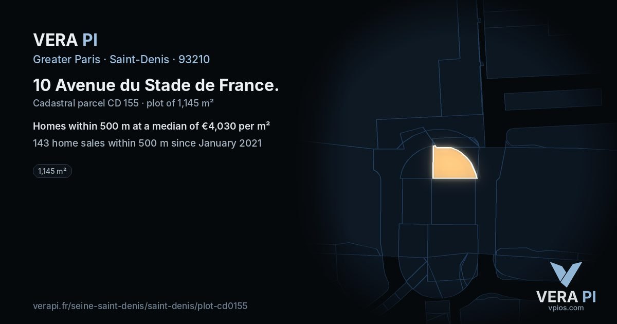 10 Avenue du Stade de France, Saint-Denis at night – the plot lit, the parcels around coloured by the prices near them