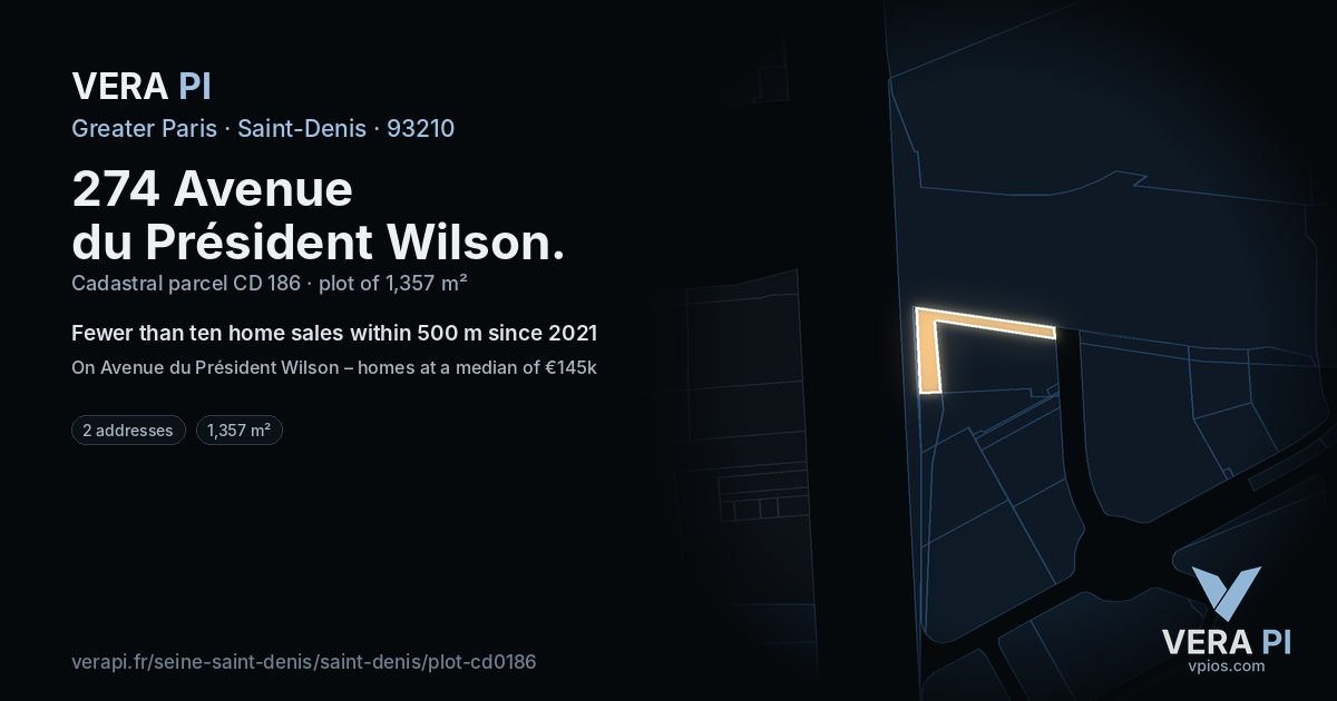 274 Avenue du Président Wilson, Saint-Denis at night – the plot lit, the parcels around coloured by the prices near them