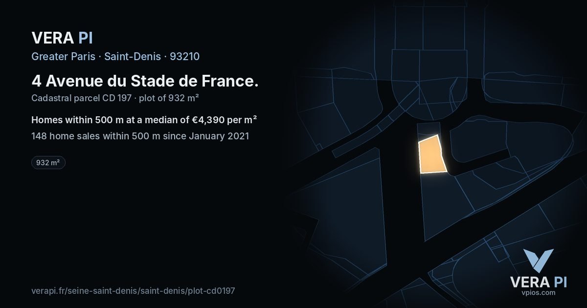 4 Avenue du Stade de France, Saint-Denis at night – the plot lit, the parcels around coloured by the prices near them