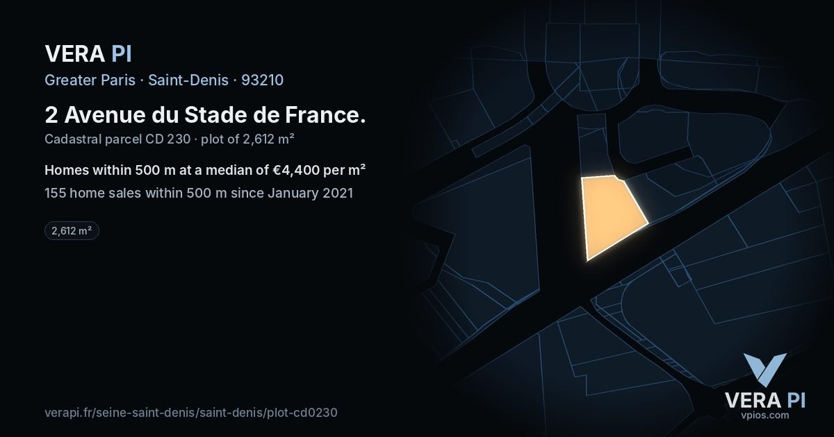 2 Avenue du Stade de France, Saint-Denis at night – the plot lit, the parcels around coloured by the prices near them