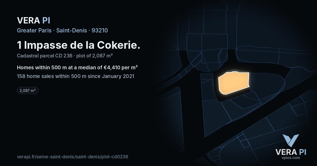 1 Impasse de la Cokerie, Saint-Denis at night – the plot lit, the parcels around coloured by the prices near them