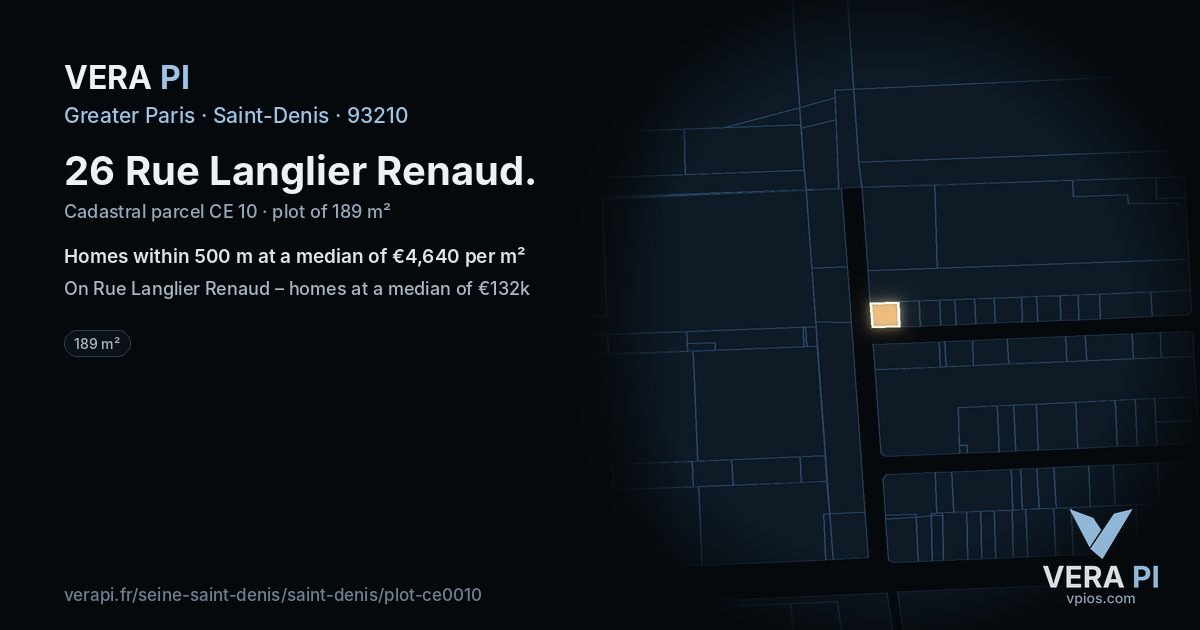 26 Rue Langlier Renaud, Saint-Denis at night – the plot lit, the parcels around coloured by the prices near them