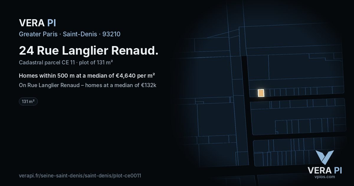 24 Rue Langlier Renaud, Saint-Denis at night – the plot lit, the parcels around coloured by the prices near them