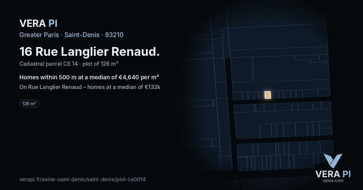 16 Rue Langlier Renaud, Saint-Denis at night – the plot lit, the parcels around coloured by the prices near them