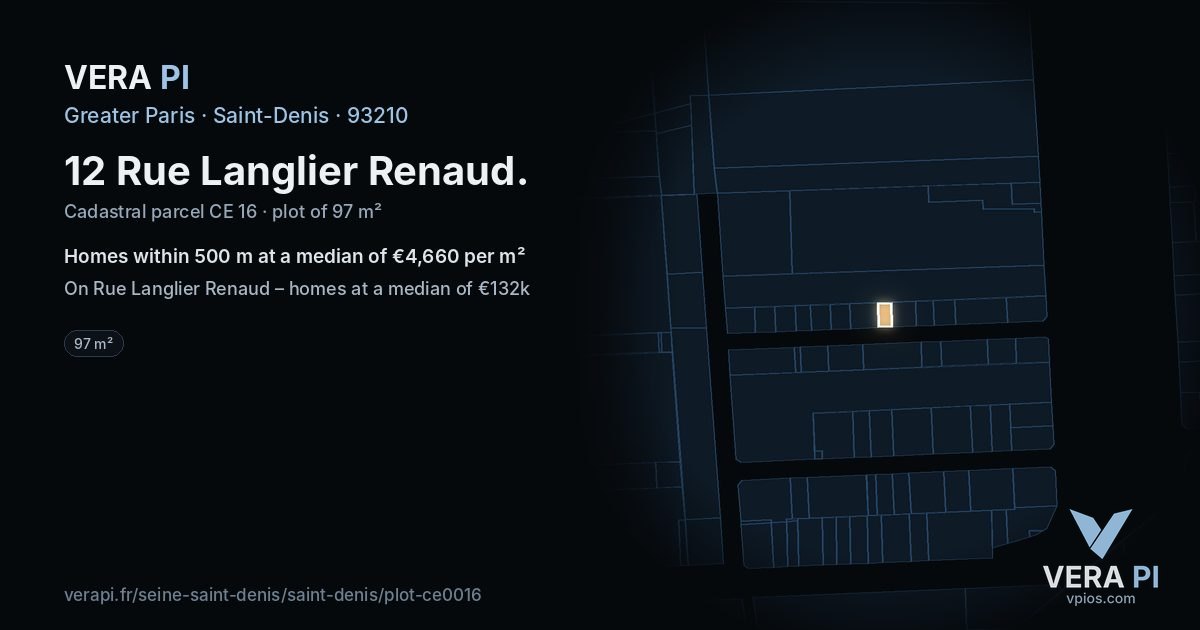 12 Rue Langlier Renaud, Saint-Denis at night – the plot lit, the parcels around coloured by the prices near them
