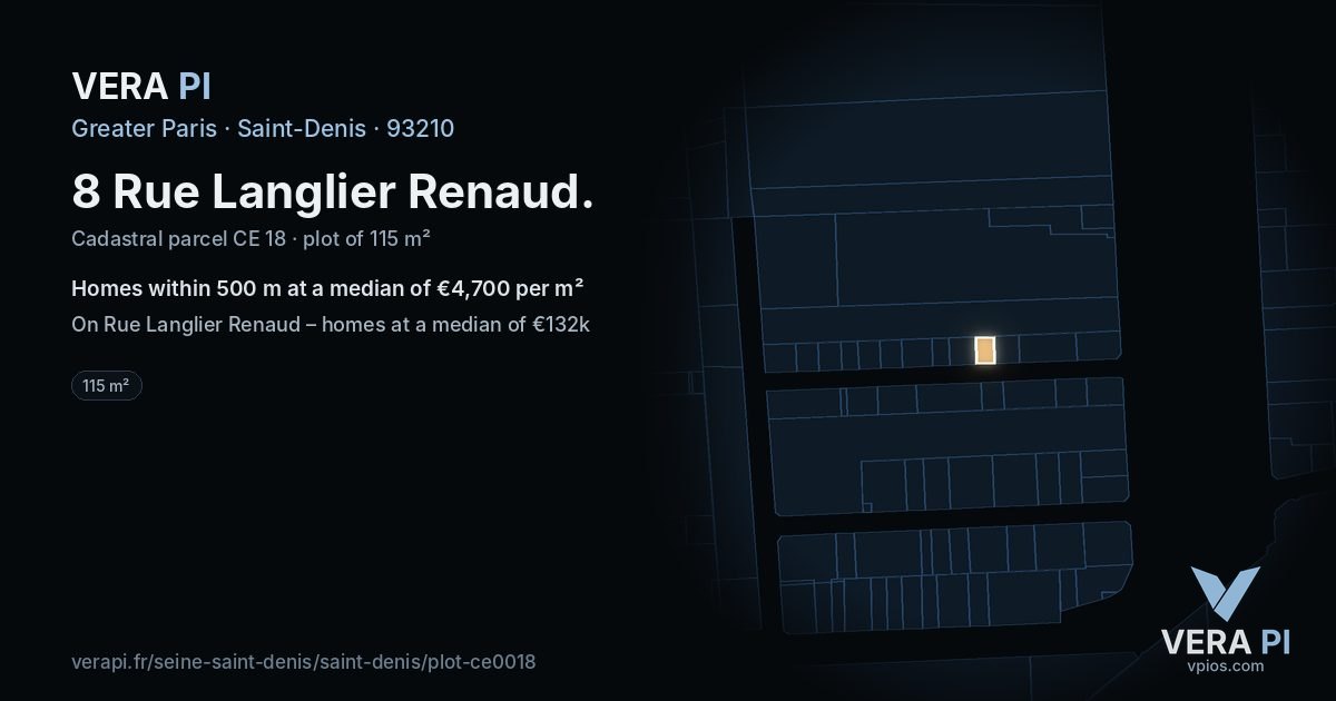 8 Rue Langlier Renaud, Saint-Denis at night – the plot lit, the parcels around coloured by the prices near them