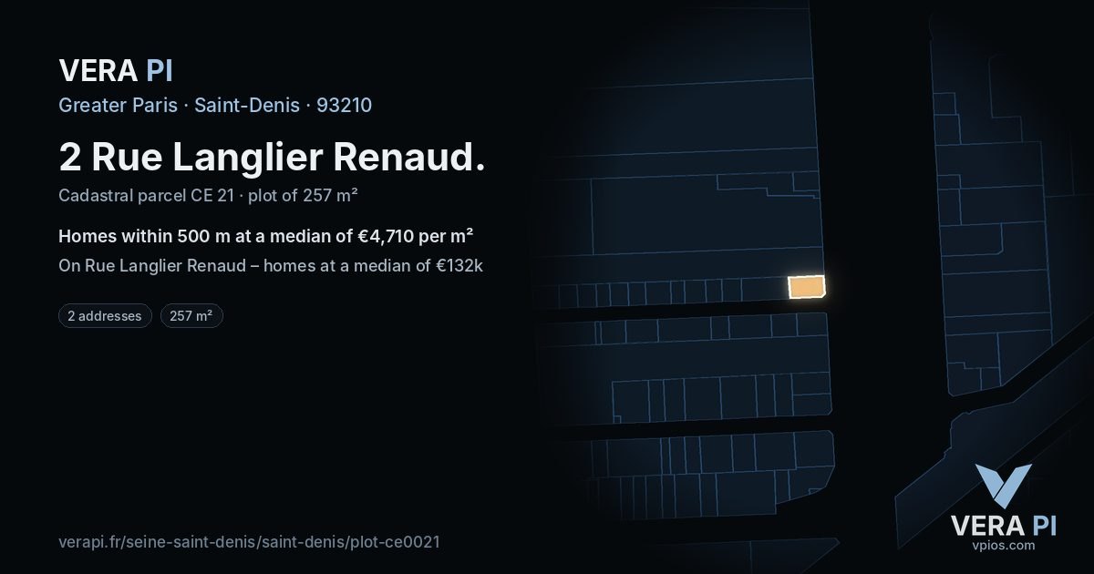 2 Rue Langlier Renaud, Saint-Denis at night – the plot lit, the parcels around coloured by the prices near them