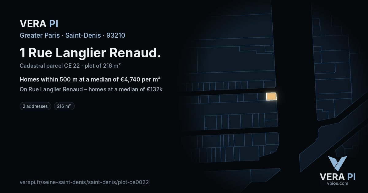 1 Rue Langlier Renaud, Saint-Denis at night – the plot lit, the parcels around coloured by the prices near them