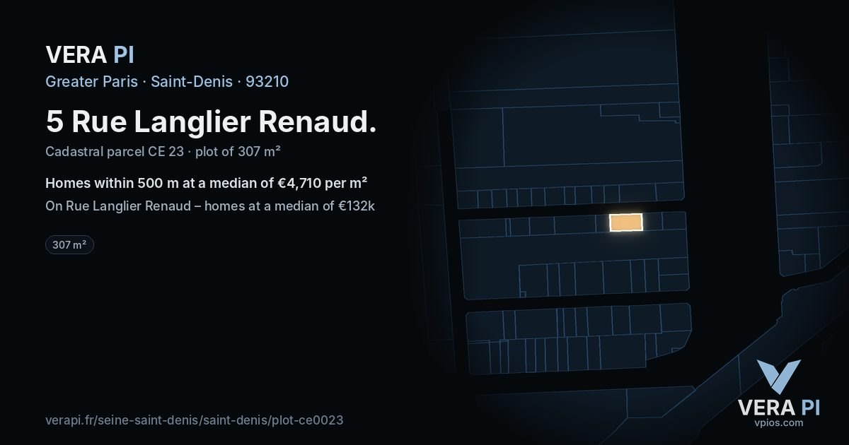 5 Rue Langlier Renaud, Saint-Denis at night – the plot lit, the parcels around coloured by the prices near them