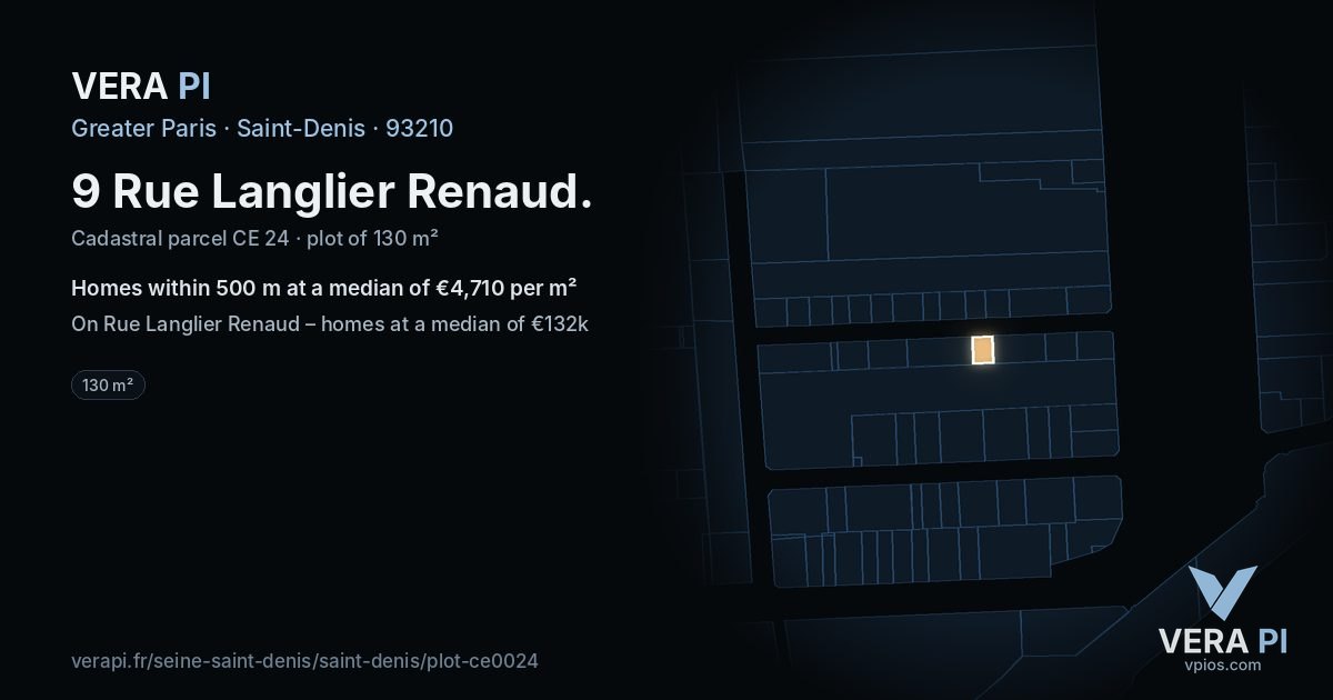 9 Rue Langlier Renaud, Saint-Denis at night – the plot lit, the parcels around coloured by the prices near them
