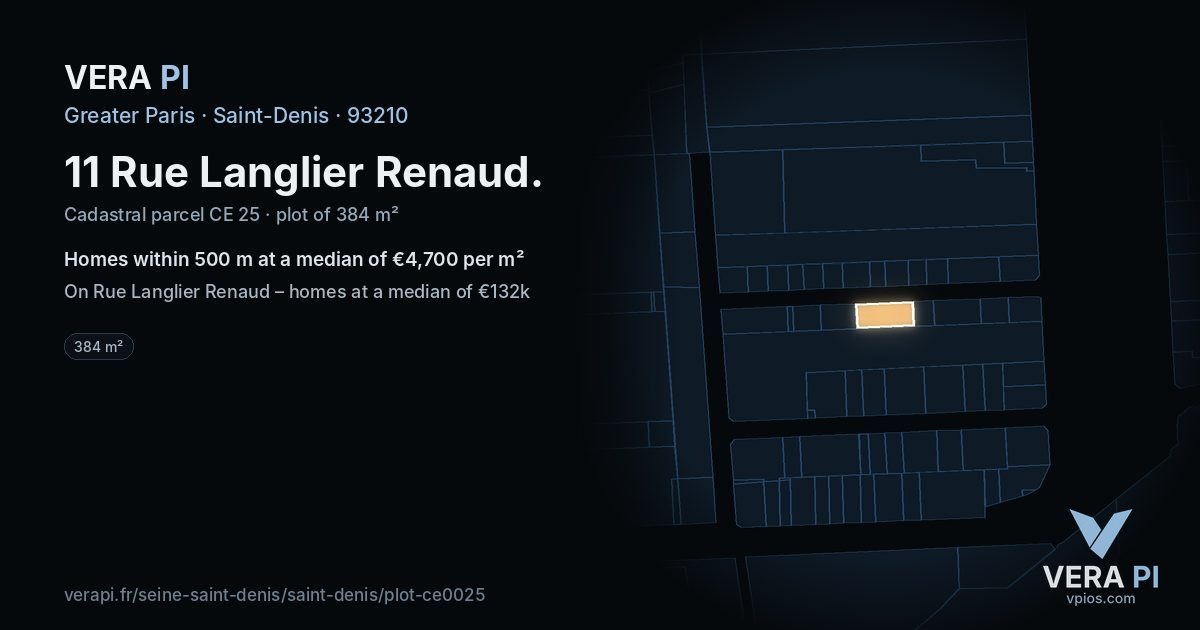 11 Rue Langlier Renaud, Saint-Denis at night – the plot lit, the parcels around coloured by the prices near them