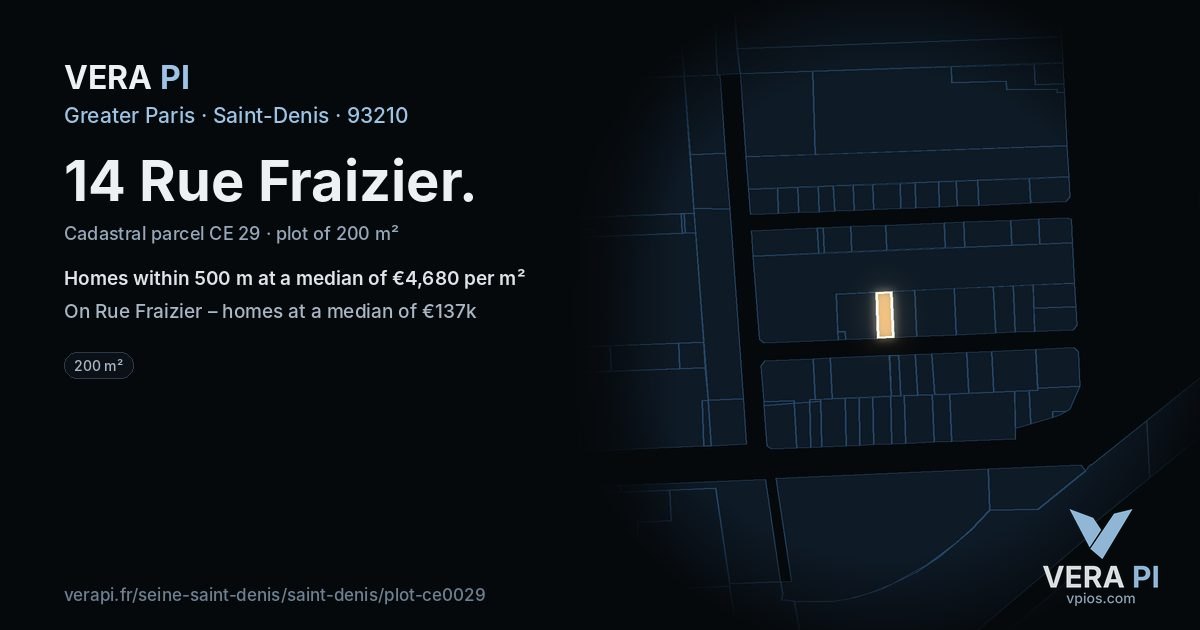 14 Rue Fraizier, Saint-Denis at night – the plot lit, the parcels around coloured by the prices near them