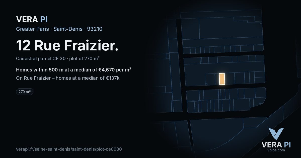 12 Rue Fraizier, Saint-Denis at night – the plot lit, the parcels around coloured by the prices near them